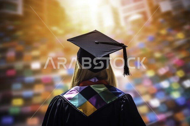 الاحتفال بإنهاء الدراسة الجامعية، الشعور بالبهجة والفرح، مفهوم الاجتهاد والتفوق، صورة مقربة من الخلف لطالبة عربية سعودية خليجية ترتدي العباءه وقبعة التخرج، التعليم في المملكة العربية السعودية، خلفية ملونة