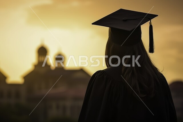 الاحتفال بإنهاء الدراسة الجامعية، الشعور بالبهجة والفرح، مفهوم الاجتهاد والتفوق، صورة مقربة من الخلف لطالبة عربية سعودية خليجية ترتدي العباءه وقبعة التخرج تنظر إلى الأفق، التعليم في المملكة العربية السعودية