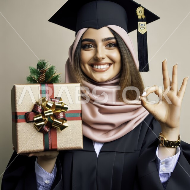 تعابير البهجة والفرح، الاحتفال بإنهاء الدراسة الجامعية، بورتريه مقرب لطالبة عربية سعودية خليجية ترتدي العباءه وقبعة التخرج تمسك بيدها الهدايا تنظر إلى الكاميرا بإيماءات الرضا والسرور, مفهوم الاجتهاد والتفوق, خلفية بيضاء