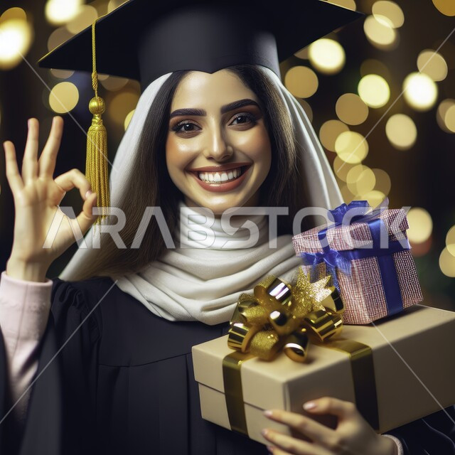 تعابير البهجة والفرح، الاحتفال بإنهاء الدراسة الجامعية، صورة مقربة لطالبة عربية سعودية خليجية ترتدي العباءه وقبعة التخرج تمسك بيدها الهدايا تنظر إلى الكاميرا بإيماءات الرضا والسرور, مفهوم الاجتهاد والتفوق, خلفية ملونة