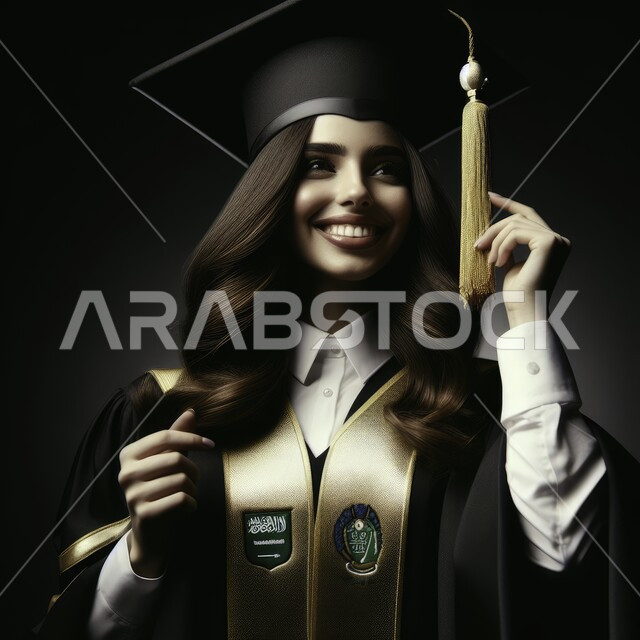 الاهتمام بالأناقة والمظهر الخارجي، مفهوم الاجتهاد والتفوق، الاحتفال بإنهاء الدراسة الجامعية، بورتريه مقرب لطالبة عربية سعودية خليجية ترتدي العباءه وقبعة التخرج، إيماءات الرضا والسرور, الشعور بالبهجة والفرح, خلفية سوداء