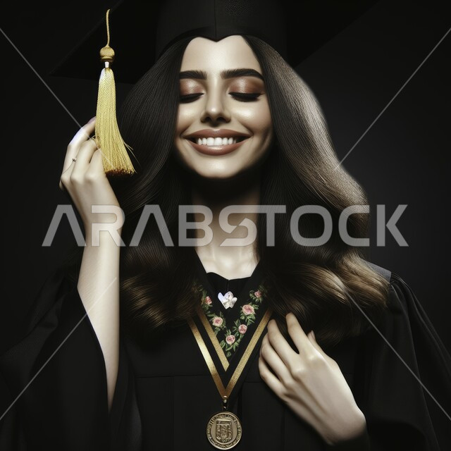 الاهتمام بالأناقة والمظهر الخارجي، مفهوم الاجتهاد والتفوق، الاحتفال بإنهاء الدراسة الجامعية، بورتريه مقرب لطالبة عربية سعودية خليجية ترتدي العباءه وقبعة التخرج، إيماءات الرضا والسرور, الشعور بالبهجة والفرح, خلفية سوداء