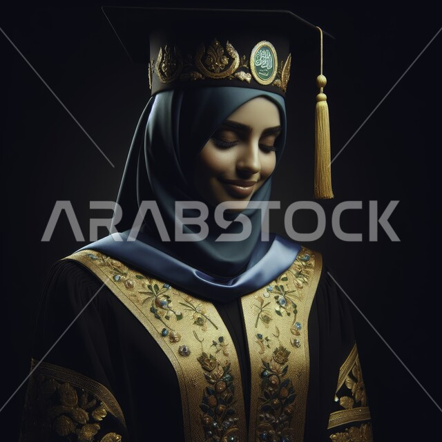 الاهتمام بالأناقة والمظهر الخارجي، مفهوم الاجتهاد والتفوق، الاحتفال بإنهاء الدراسة الجامعية، بورتريه مقرب لطالبة عربية سعودية خليجية ترتدي العباءه وقبعة التخرج، إيماءات الرضا والسرور, الشعور بالبهجة والفرح, خلفية سوداء