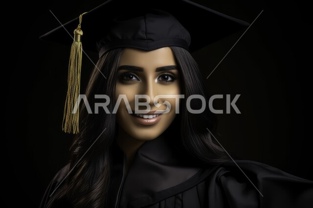 Concern with elegance and external appearance, the concept of diligence and excellence, celebrating the completion of university studies, a close-up portrait of a Saudi Arabian Gulf student wearing an abaya and graduation cap, looking at the camera with gestures of satisfaction and pleasure, a feeling of joy and happiness, black background