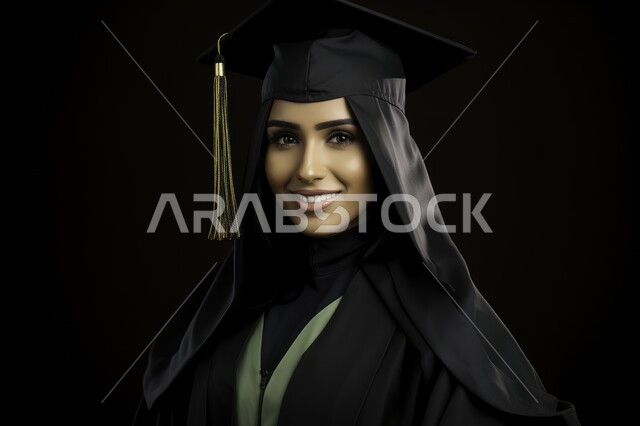 الاهتمام بالأناقة والمظهر الخارجي، مفهوم الاجتهاد والتفوق، الاحتفال بإنهاء الدراسة الجامعية، بورتريه مقرب لطالبة عربية سعودية خليجية ترتدي العباءه وقبعة التخرج تنظر الى الكاميرا بإيماءات الرضا والسرور, الشعور بالبهجة والفرح, خلفية سوداء
