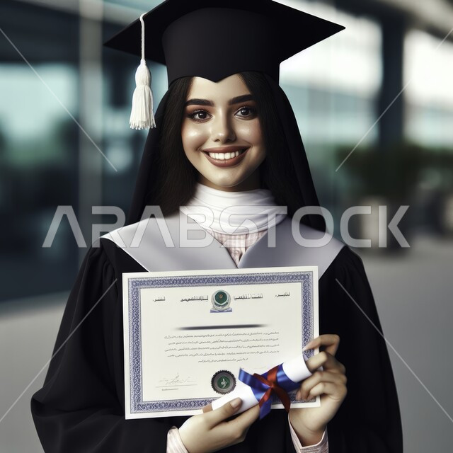 A feeling of pride and self-confidence, interest in elegance and external appearance, celebrating the completion of university studies, a close-up photo of a Saudi Arabian Gulf student wearing the abaya and graduation cap, holding a certificate of success in her hand, looking at the camera with gestures of joy and pleasure, the concept of diligence and excellence