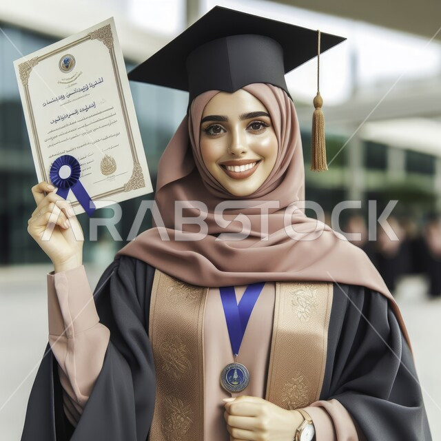 A feeling of pride and self-confidence, interest in elegance and external appearance, celebrating the completion of university studies, a close-up photo of a Saudi Arabian Gulf student wearing the abaya and graduation cap, holding a certificate of success in her hand, looking at the camera with gestures of joy and pleasure, the concept of diligence and excellence