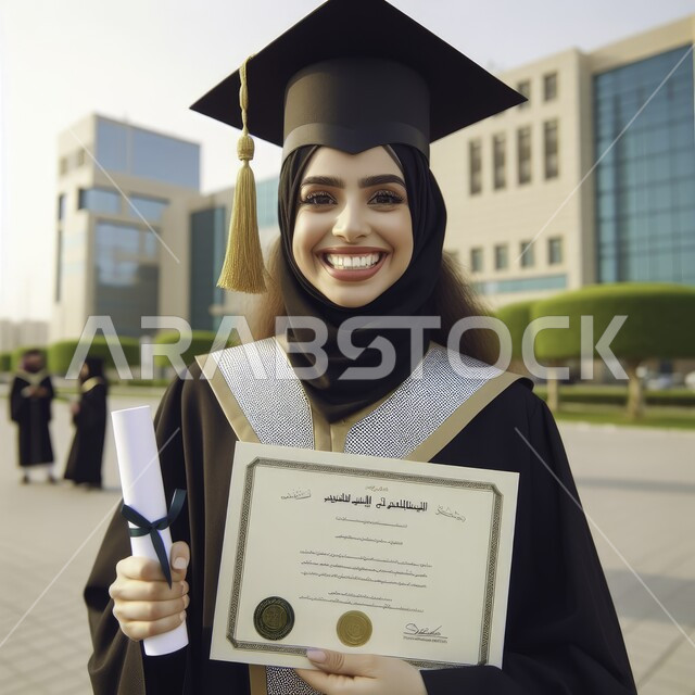 A feeling of pride and self-confidence, interest in elegance and external appearance, celebrating the completion of university studies, a close-up photo of a Saudi Arabian Gulf student wearing the abaya and graduation cap, holding a certificate of success in her hand, looking at the camera with gestures of joy and pleasure, the concept of diligence and excellence