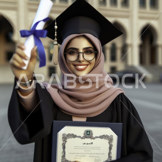 A feeling of pride and self-confidence, interest in elegance and external appearance, celebrating the completion of university studies, a close-up photo of a Saudi Arabian Gulf student wearing the abaya and graduation cap, holding a certificate of success in her hand, looking at the camera with gestures of joy and pleasure, the concept of diligence and excellence