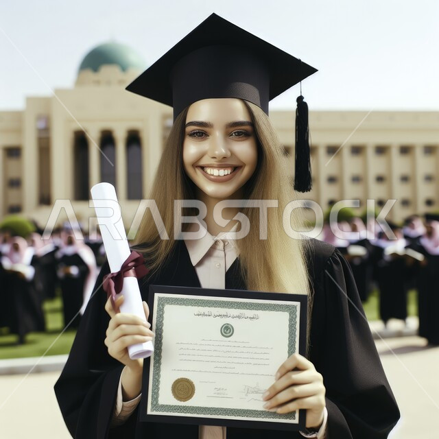 A feeling of pride and self-confidence, interest in elegance and external appearance, celebrating the completion of university studies, a close-up photo of a Saudi Arabian Gulf student wearing the abaya and graduation cap, holding a certificate of success in her hand, looking at the camera with gestures of joy and pleasure, the concept of diligence and excellence