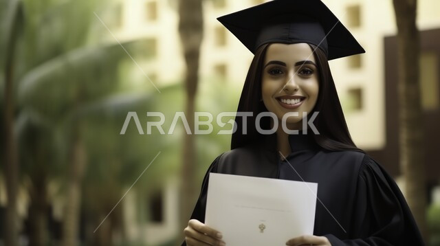 التعليم في المملكة العربية السعودية، الشعور بالفخر والثقة بالنفس, الاحتفال بإنهاء الدراسة الجامعية، صورة مقربة لطالبة عربية سعودية خليجية ترتدي العباءه وقبعة التخرج تحمل بيدها شهادة النجاح تنظر إلى الكاميرا بإيماءات الفرح والسرور, مفهوم الاجتهاد والتفوق