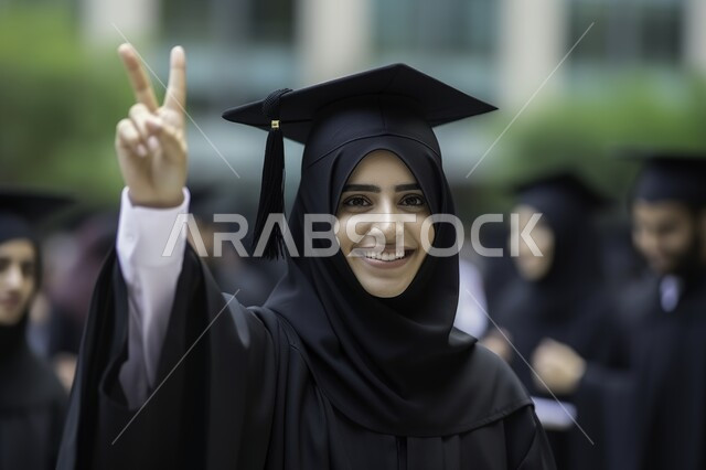 التعليم في المملكة العربية السعودية، الشعور بالفخر والثقة بالنفس, الاحتفال بإنهاء الدراسة الجامعية، صورة مقربة لطالبة عربية سعودية خليجية ترتدي العباءه وقبعة التخرج ترفع يدها بعلامة النصر تنظر إلى الكاميرا بإيماءات الفرح والسرور, مفهوم الاجتهاد والتفوق