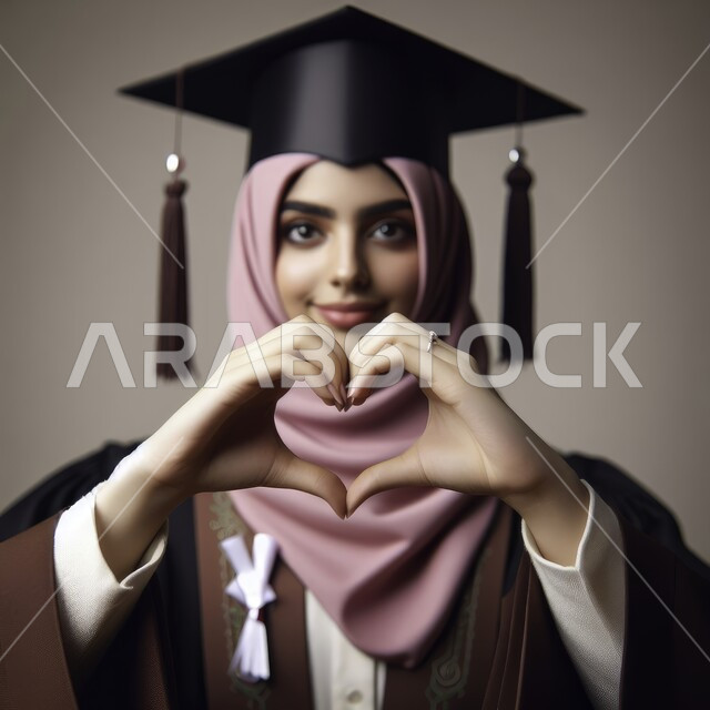 التعليم في المملكة العربية السعودية، الاحتفال بإنهاء الدراسة الجامعية، بورتريه مقرب لطالبة عربية سعودية خليجية ترتدي العباءه وقبعة التخرج تنظر إلى الكاميرا بإيماءات الفرح والسرور تشكل بيديها قلب, مفهوم الاجتهاد والتفوق، خلفية ملونة