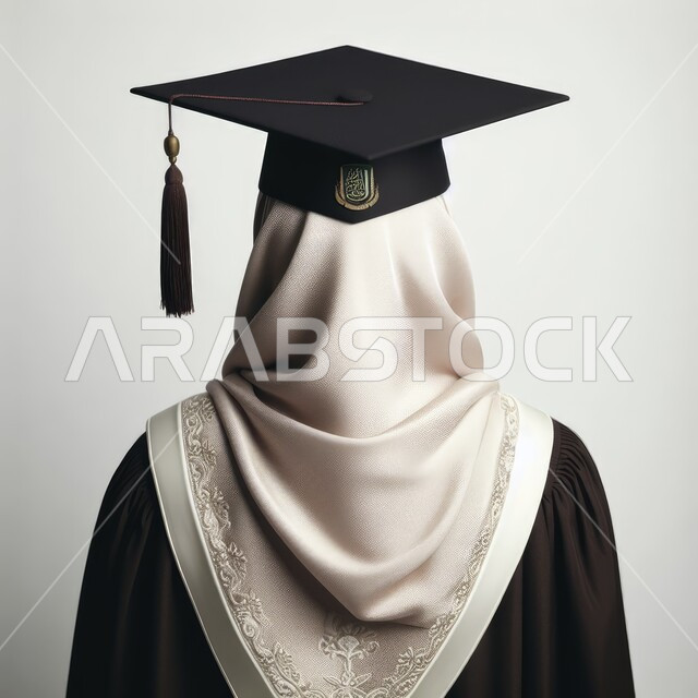 التعليم في المملكة العربية السعودية، الاحتفال بإنهاء الدراسة الجامعية، بورتريه مقرب من الخلف لطالبة عربية سعودية خليجية ترتدي العباءه وقبعة التخرج, مفهوم الاجتهاد والتفوق، خلفية بيضاء