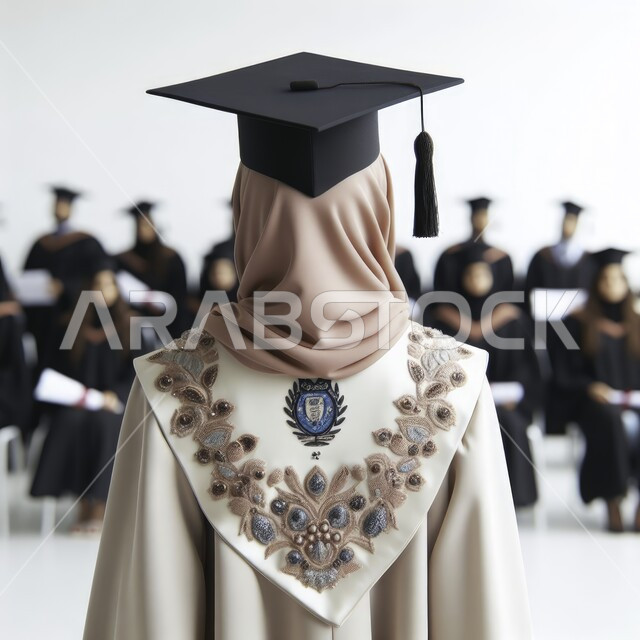 Education in the Kingdom of Saudi Arabia, celebrating the completion of university studies, a close-up photo from the back of a Saudi Arabian Gulf student wearing the abaya and graduation cap, the concept of diligence and excellenc