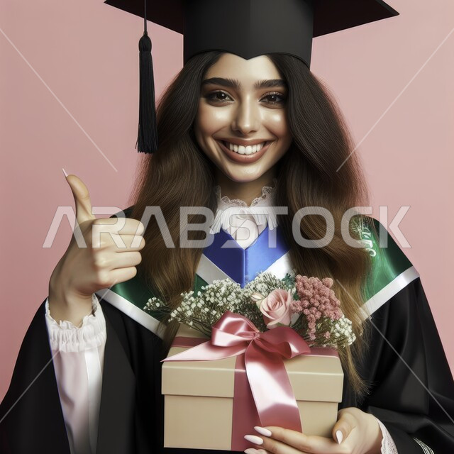 الشعور بالفرح والسعادة، الاحتفال بإنهاء الدراسة الجامعية، صورة مقربة لطالبة عربية سعودية خليجية ترتدي العباءه وقبعة التخرج ترفع إصبع الإبهام للاعلى تحمل بيدها هدية تنظر إلى الكاميرا بإيماءات الرضا والسرور, مفهوم الاجتهاد والتفوق