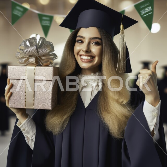 الشعور بالفرح والسعادة، الاحتفال بإنهاء الدراسة الجامعية، صورة مقربة لطالبة عربية سعودية خليجية ترتدي العباءه وقبعة التخرج ترفع إصبع الإبهام للاعلى تحمل بيدها هدية تنظر إلى الكاميرا بإيماءات الرضا والسرور, مفهوم الاجتهاد والتفوق