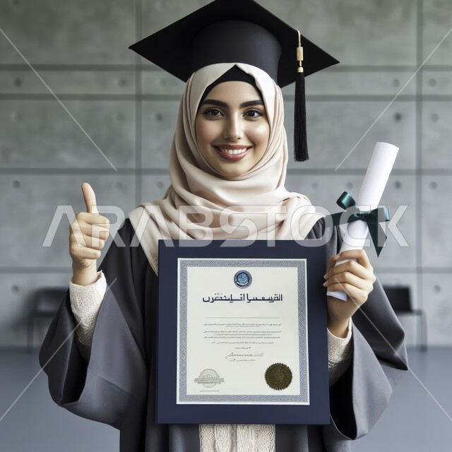 الشعور بالفرح والسعادة، الاحتفال بإنهاء الدراسة الجامعية، صورة مقربة لطالبة عربية سعودية خليجية ترتدي العباءه وقبعة التخرج ترفع إصبع الإبهام للاعلى تحمل بيدها شهادة النجاح تنظر إلى الكاميرا بإيماءات الرضا والسرور, مفهوم الاجتهاد والتفوق