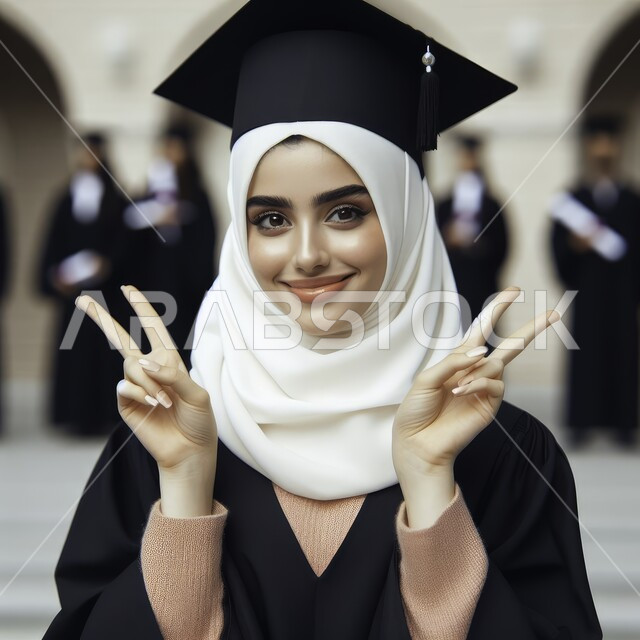 تعابير الفرح والسعادة، الاحتفال بإنهاء الدراسة الجامعية، صورة مقربة لطالبة عربية سعودية خليجية ترتدي العباءه وقبعة التخرج ترفع يديها للاعلى بعلامة النجاح تنظر إلى الكاميرا بإيماءات الرضا والسرور, مفهوم الاجتهاد والتفوق