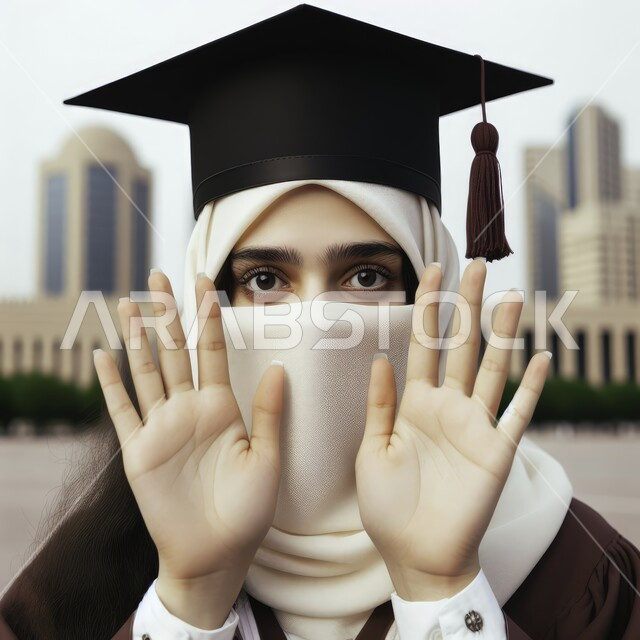 مفهوم الاجتهاد والتفوق، الاحتفال بإنهاء الدراسة الجامعية، صورة مقربة لطالبة عربية سعودية خليجية ترتدي العباءه وقبعة التخرج والنقاب ترفع يديها للاعلى تنظر إلى الكاميرا بإيماءات الرضا والسرور, التعليم في المملكة العربية السعودية