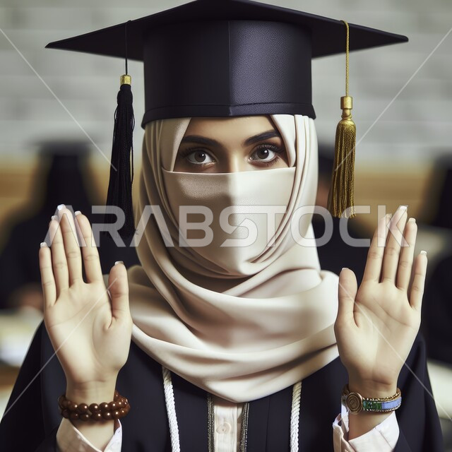 مفهوم الاجتهاد والتفوق، الاحتفال بإنهاء الدراسة الجامعية، صورة مقربة لطالبة عربية سعودية خليجية ترتدي العباءه وقبعة التخرج والنقاب ترفع يديها للاعلى تنظر إلى الكاميرا بإيماءات الرضا والسرور, التعليم في المملكة العربية السعودية