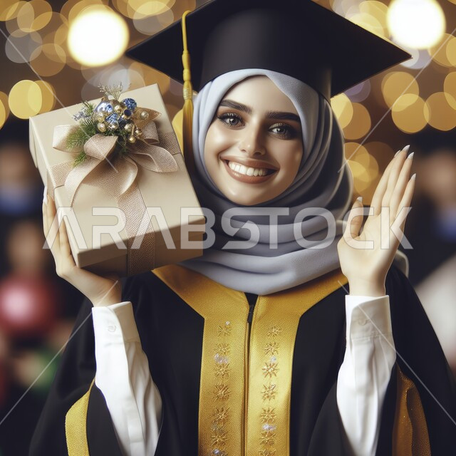 مفهوم الاجتهاد والتفوق، الاحتفال بإنهاء الدراسة الجامعية، صورة مقربة لطالبة عربية سعودية خليجية ترتدي العباءه وقبعة التخرج  ترفع يديها للاعلى تحمل بيدها هدية تنظر إلى الكاميرا بإيماءات الرضا والسرور, التعليم في المملكة العربية السعودية