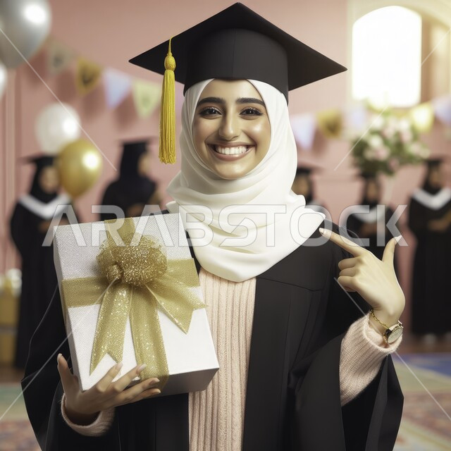 مفهوم الاجتهاد والتفوق، الاحتفال بإنهاء الدراسة الجامعية، صورة مقربة لطالبة عربية سعودية خليجية ترتدي العباءه وقبعة التخرج ترفع يديها للاعلى تحمل بيدها هدية تنظر إلى الكاميرا بإيماءات الرضا والسرور, التعليم في المملكة العربية السعودية