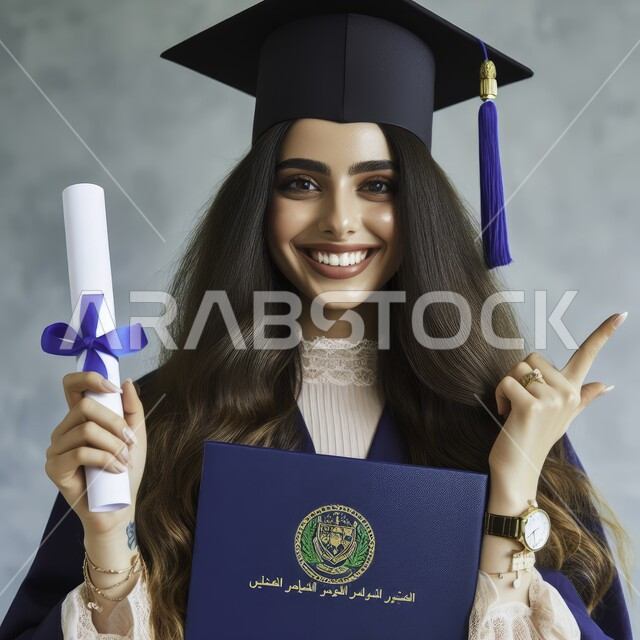 مفهوم الاجتهاد والتفوق، الاحتفال بإنهاء الدراسة الجامعية، بورتريه مقربة لطالبة عربية سعودية خليجية ترتدي العباءه وقبعة التخرج ترفع يديها للاعلى تحمل شهادة النجاح تنظر إلى الكاميرا بإيماءات الرضا والسرور, التعليم في المملكة العربية السعودية, خلفية رمادية