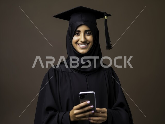 استخدام التقنيات الحديثة، مفهوم الاجتهاد والتفوق، الاحتفال بإنهاء الدراسة الجامعية، بورتريه مقرب لطالبة عربية سعودية خليجية ترتدي العباءه وقبعة التخرج تمسك بيدها الهاتف المحمول تنظر إلى الكاميرا بإيماءات الرضا والسرور، خلفية سوداء