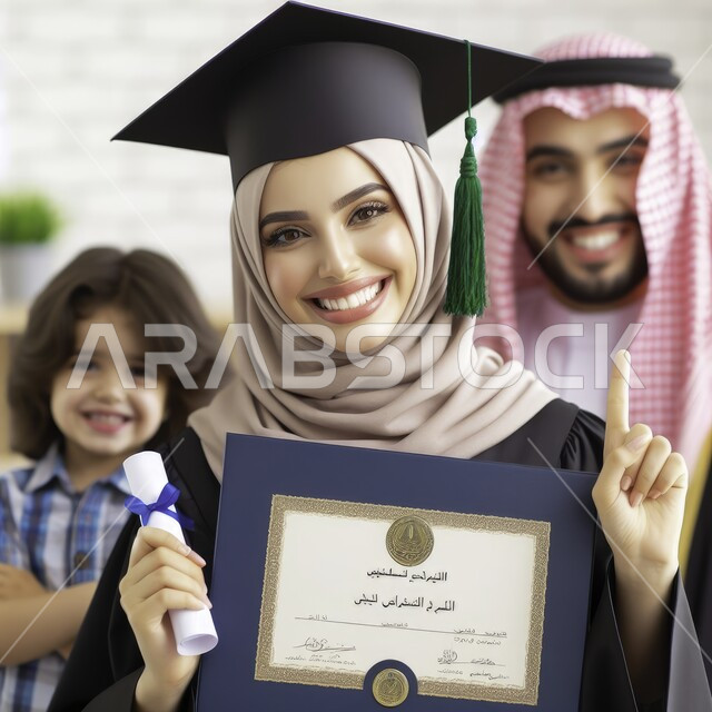 الحصول على الدرجة الأولى، مفهوم الاجتهاد والتفوق، صورة مقربة لطالبة عربية سعودية خليجية ترتدي العباءه وقبعة التخرج تمسك بيدها شهادة النجاح ترفع اصبعها للأعلى تنظر إلى الكاميرا بإيماءات الرضا والسرور تقف مع عائلتها، الاحتفال بإنهاء الدراسة الجامعية