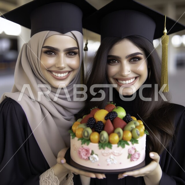 مشاعر الحب بين الاخوات، مفهوم الاجتهاد والتفوق، صورة مقربة لطالبتان عربيتان سعوديتان خليجيتان ترتديان العباءه وقبعة التخرج تمسكان قالب الحلوى تنظران إلى الكاميرا بإيماءات الرضا والسرور، الاحتفال بإنهاء الدراسة الجامعية