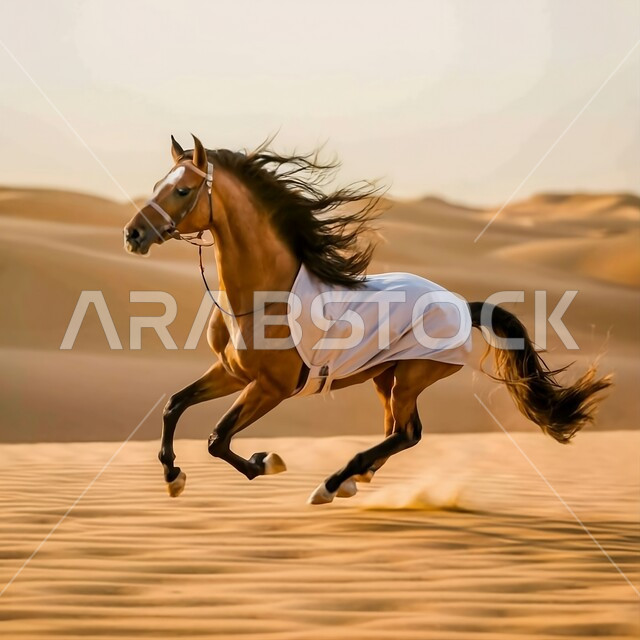 A symbol of chivalry and courage, raising and caring for horses in nature reserves, purebred Arabian horses running in the desert of the Kingdom of Saudi Arabia, caring for horses in desert areas.