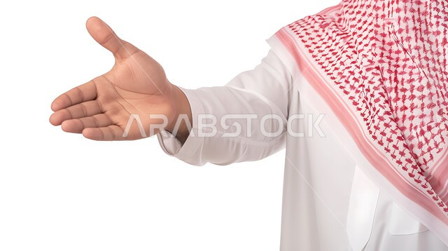 التعارف و الصداقه وتكوين علاقات, إلقاء التحيه والسلام, بورتريه مقرب ليد رجل عربي خليجي سعودي يرتدي الثوب التقليدي والشماغ يقوم بمد كفه للمصافحة, مفهوم الاستقبال والترحيب، خلفية بيضاء