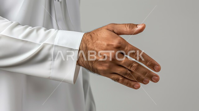 إلقاء التحيه والسلام, بورتريه مقرب ليد رجل عربي خليجي سعودي يرتدي الثوب التقليدي يقوم بمد كفه للمصافحة, التعارف و الصداقه وتكوين علاقات, مفهوم الاستقبال والترحيب، خلفية رمادية