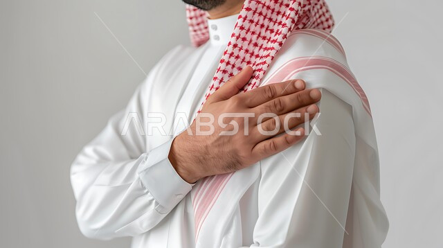 التهاب العضلات والمفاصل والحاجه للعلاج,  الإحساس بالتعب والإرهاق وألم في الأكتاف, بورتريه مقرب لرجل عربي خليجي سعودي يرتدي الثوب التقليدي والشماغ يضع على كتفه، خلفية بيضاء