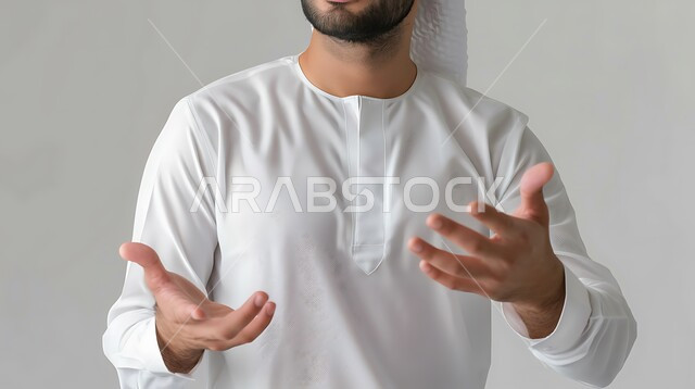 محاولة معرفة شيء ما ، بورتريه مقرب لأيدي رجل عربي خليجي اماراتي يرتدي الكندورة الاماراتيه والغتره يحرك يديه بايماءات السؤال والاستفسار عن شيء ما ، خلفية رمادية