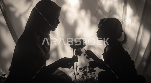The concept of kindness and tenderness among mothers, spending enjoyable times with children, raising children and taking care of them, a silhouette of a veiled Saudi Gulf Arab mother sitting with her daughter and picking flowers, strengthening bonds of love and family cohesion, Silhouette