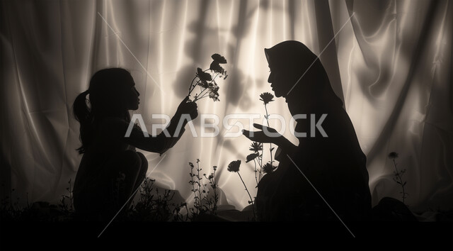 قضاء أوقات ممتعة مع الأطفال، تربية الأبناء والاهتمام بهم، صورة ظلية لأم عربية خليجية سعودية محجبة تجلس مع ابنتها وتقومان بقطف الأزهار، مفهوم العطف والحنان عند الأمهات، تقوية روابط المحبة والتماسك الأسري، سيلويت