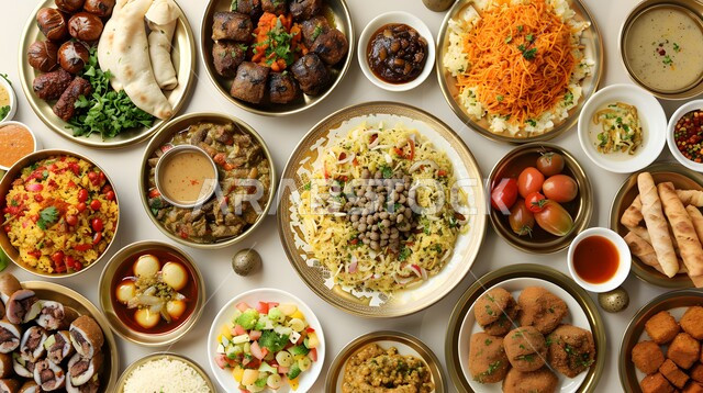 الولائم والعزائم في الأعياد والمناسبات الإسلامية، الاحتفال بقدوم شهر رمضان المبارك، سفرة من المأكولات الشعبية التقليدية الشهية، الأصناف والأطباق والمقبلات العربية الشرقية اللذيذة، مائدة طعام مليئة بالوجبات المتنوعة الرمضانية