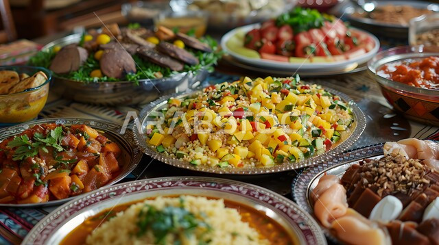 العزائم والولائم في الأعياد والمناسبات الإسلامية، الاحتفال بقدوم شهر رمضان المبارك، سفرة من المأكولات الشعبية التقليدية الشهية، الأصناف والأطباق والمقبلات العربية الشرقية اللذيذة، مائدة طعام مليئة بالوجبات المتنوعة الرمضانية