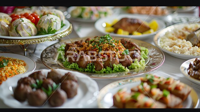 الاحتفال بقدوم شهر رمضان المبارك، سفرة من المأكولات الشعبية التقليدية الشهية، الأصناف والأطباق والمقبلات العربية الشرقية اللذيذة، مائدة طعام مليئة بالوجبات المتنوعة الرمضانية، العزائم والولائم في الأعياد والمناسبات الإسلامية