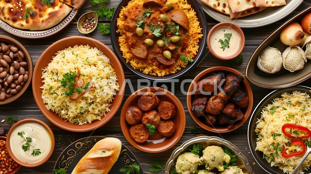 أجواء شهر رمضان المبارك، سفرة من المأكولات الشعبية التقليدية الشهية، الأصناف والأطباق والمقبلات العربية الشرقية اللذيذة، مائدة طعام مليئة بالوجبات المتنوعة الرمضانية، العزائم والولائم في الأعياد والمناسبات الإسلامية