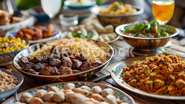 المأكولات الشعبية التقليدية الشهية، الأصناف والأطباق والمقبلات العربية الشرقية اللذيذة، مائدة طعام مليئة بالوجبات المتنوعة الرمضانية، أجواء شهر رمضان المبارك، العزائم والولائم في الأعياد والمناسبات الإسلامية