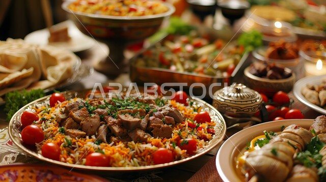 المقبلات والأطباق والأصناف العربية الشرقية اللذيذة، مائدة طعام مليئة بالوجبات المتنوعة الرمضانية، سفرة من المأكولات الشعبية التقليدية الشهية، أجواء شهر رمضان المبارك، العزائم والولائم في الأعياد والمناسبات الإسلامية