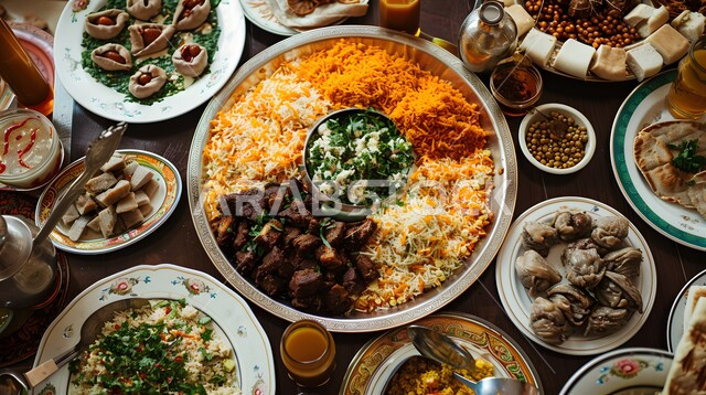 الأطباق والأصناف و المقبلات العربية الشرقية اللذيذة، مائدة طعام مليئة بالوجبات المتنوعة الرمضانية، سفرة من المأكولات الشعبية التقليدية الشهية، أجواء شهر رمضان المبارك، العزائم والولائم في الأعياد والمناسبات الإسلامية