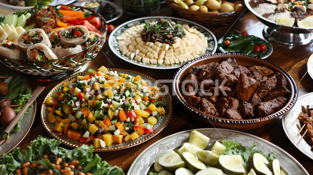 الأصناف و الأطباق والمقبلات العربية الشرقية اللذيذة، مائدة طعام مليئة بالوجبات المتنوعة الرمضانية، سفرة من المأكولات الشعبية التقليدية الشهية، أجواء شهر رمضان المبارك، العزائم والولائم في الأعياد والمناسبات الإسلامية