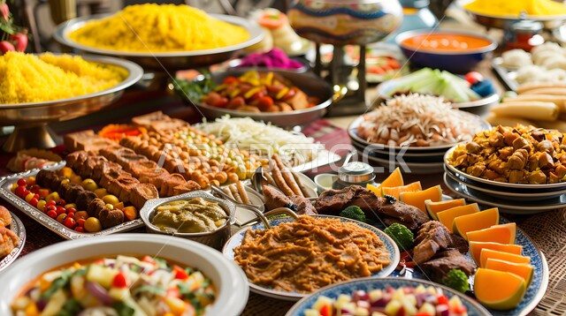 مائدة طعام مليئة بالوجبات المتنوعة الرمضانية، الأصناف و الأطباق والمقبلات العربية الشرقية اللذيذة، سفرة من المأكولات الشعبية التقليدية الشهية، أجواء شهر رمضان المبارك، العزائم والولائم في الأعياد والمناسبات الإسلامية