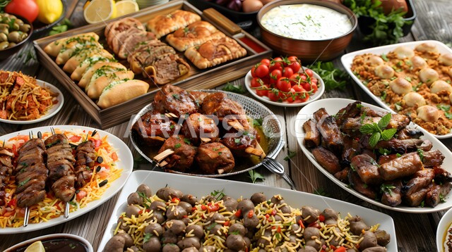 طاولة طعام مليئة بالوجبات المتنوعة الرمضانية، الأصناف و الأطباق والمقبلات العربية الشرقية اللذيذة، سفرة من المأكولات الشعبية التقليدية الشهية، أجواء شهر رمضان المبارك، العزائم والولائم في الأعياد والمناسبات الإسلامية
