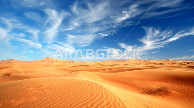 الكثبان والتلال الرملية، مشهد السماء المليئة بالسحب والغيوم، المناخ الصحراوي الجاف والقاسي، الرمال الذهبية الناعمة، المناظر الطبيعية في الصحراء في المملكة العربية، المناطق السياحية الصحراوية في السعودية
