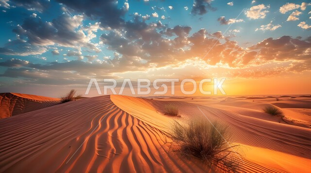منظر السماء المليئة بالسحب والغيوم في وقت غروب الشمس، المناخ الصحراوي الجاف والقاسي، التلال والكثبان الرملية، الرمال الذهبية الناعمة، المناظر الطبيعية في الصحراء في المملكة العربية، المناطق السياحية الصحراوية في السعودية